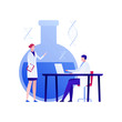 © tasty_cat - Vector flat genetic science illustration. Male and female character in white coat uniform with big laboratory tube and dna spiral sign. Concept of gene study, engineering, innovation, pharmacology.