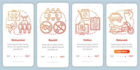 Public protest onboarding mobile app page screen vector template. Social demonstration and boycott walkthrough website steps with linear illustrations. UX, UI, GUI smartphone interface concept
