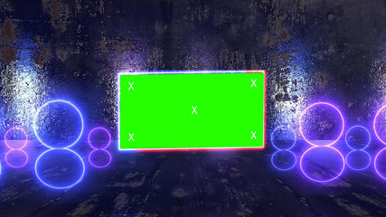 Wall Mural - Abstract creative metal stage and led, neon blank billboard, border. Video mock up for advertisement, green screen alpha channel and tracking markers.