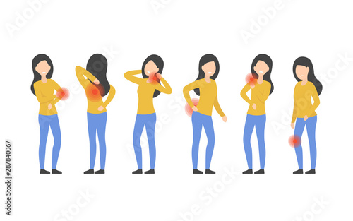 Cuadros en Lienzo Set of character woman with pain in different parts of the body