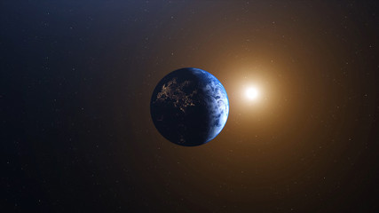 Wall Mural - World and sun realistic 3D rendering. Shiny sunlight over Planet Earth, cosmos, atmosphere. Shot from Space satellite