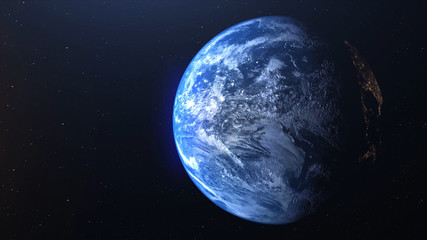 Wall Mural - World and sun realistic 3D rendering. Shiny sunlight over Planet Earth, cosmos, atmosphere. Shot from Space satellite