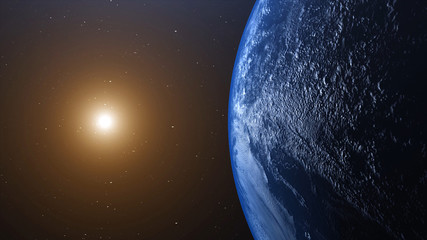 Wall Mural - World and sun realistic 3D rendering. Shiny sunlight over Planet Earth, cosmos, atmosphere. Shot from Space satellite