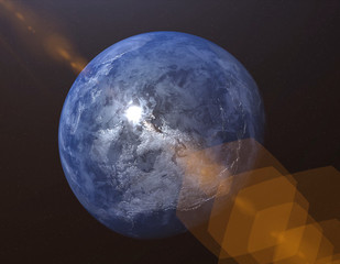 Wall Mural - World and sun realistic 3D rendering. Shiny sunlight over Planet Earth, cosmos, atmosphere. Shot from Space satellite