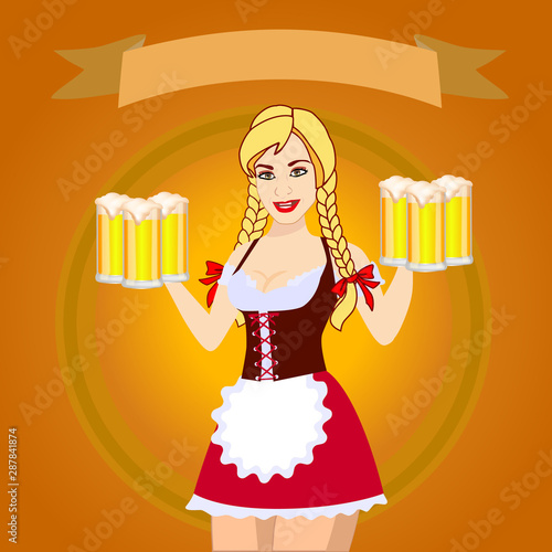 white cartoo Tin Sign Oktoberfest with beer Blond Waitress with banners in blue