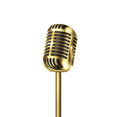 Wall Mural - Vector 3d Realistic Steel Golden Retro Concert Vocal Microphone Icon Closeup Isolated on White Background. Design Template of Vintage Karaoke Metal Mic. Front view