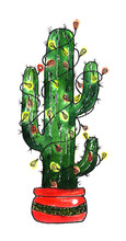 Mexican Christmas Cactus Green Garland With A Red Flower Watercolor Illustration