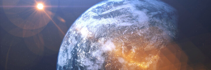 Wall Mural - World and sun realistic 3D rendering. Shiny sunlight over Planet Earth, cosmos, atmosphere. Shot from Space satellite