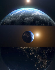 Wall Mural - mix of 3d rendering the planet earth, world with sun. realistic hiqh quality 3 vertical illustration