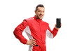 © Ljupco Smokovski - Motorsport racer holding a smartphone and pointing