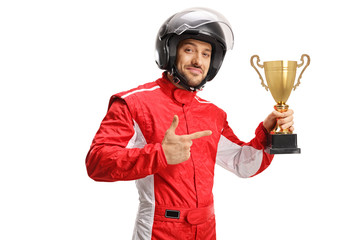 Racer champion wearing a helmet and holding a gold trophy cup