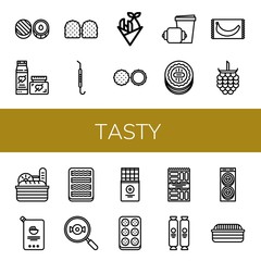 Poster - Set of tasty icons such as Chocolate, Cream, Gummy, Pick, Fish and chips, Croissant, Cookie, Banana, Raspberries, Bread, Mayonnaise, Bacon, Candy, Chocolate bar, Meatball , tasty