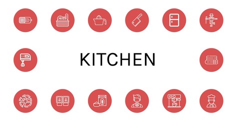 Poster - Set of kitchen icons such as Ham, Bread, Juicer, Cleaver, Fridge, Tap, Broken plate, Yogurt, Flour, Waiter, Coffee maker, Cooker, Electric mixer, Towel , kitchen