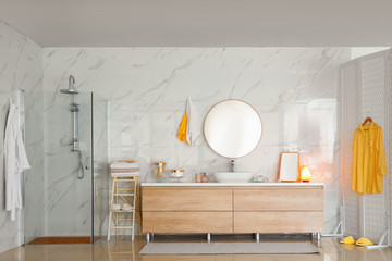 Poster - Modern bathroom interior with shower stall, vessel sink and round mirror