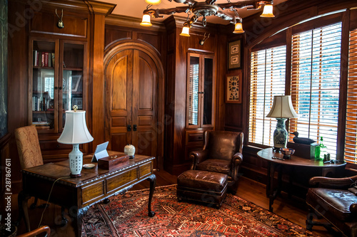 Dark Stained Wood Stained Home Office With Warm Rust Desert