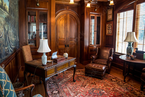Dark Stained Wood Stained Home Office With Warm Rust Desert