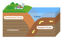 Continental Crust And Oceanic Crust. 3 Dimensions View Vector Illustration. 