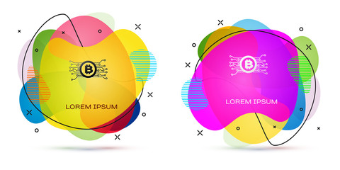 Color Cryptocurrency bitcoin in circle with microchip circuit icon isolated on white background. Blockchain technology, digital money market. Abstract banner with liquid shapes. Vector Illustration