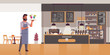 © mast3r - waiter holding serving tray with cocktails man restaurant worker in uniform carrying colorful alcohol drinks modern cafe interior flat full length horizontal