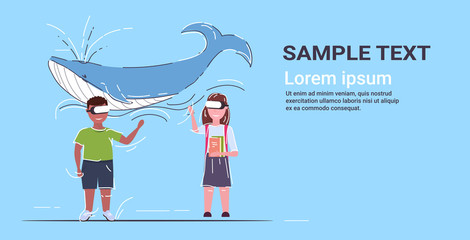 Wall Mural - schoolchildren couple wearing modern 3d glasses mix race boy girl looking at virtual reality blue whale through headset vision vr digital technology concept flat horizontal full length copy space