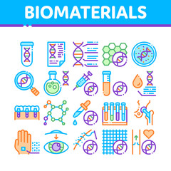 Wall Mural - Biomaterials Collection Elements Vector Icons Set Thin Line. Biology And Science Flasks, Bioengineering, Dna And Medicine Vaccine Biomaterials Concept Linear Pictograms. Color Contour Illustrations