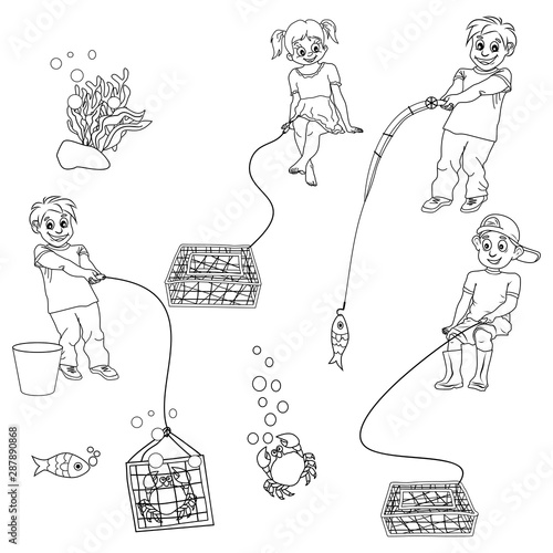 Vector Set Of Black And White Linear Clipart Of Children Fishing And Catching Crabs Boys And Girl With Fishing Rod And Nets For Catching Crab Funny Cartoon Sketch Stock Vector Adobe