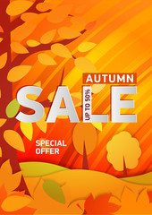 Wall Mural - Vertical bright orange poster, the gold autumn forest. With text - Autumn Sale up to 50 . illustrations for flyers, leaflet, ads.