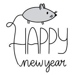 Wall Mural - Happy New year text. with cute rat. Greeting card. Printable typography template. Vector illustration. New Year icon.