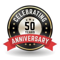 Wall Mural - Celebrating 50 Years - Gold Anniversary Badge With Red Ribbon