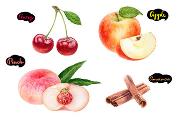 Wall Mural - Apple cinnamon cherry peach set fruit watercolor isolated on white background