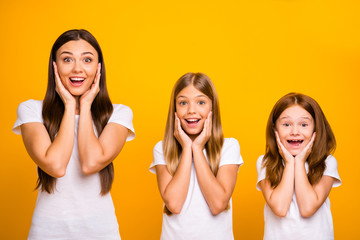 Canvas Print - Funny three sister ladies listening unexpected great novelty wear casual outfit isolated yellow background