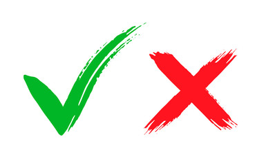 Tick and cross brush signs. Green checkmark OK and red X icons, isolated on white background. Symbols YES and NO button for vote, decision, web.