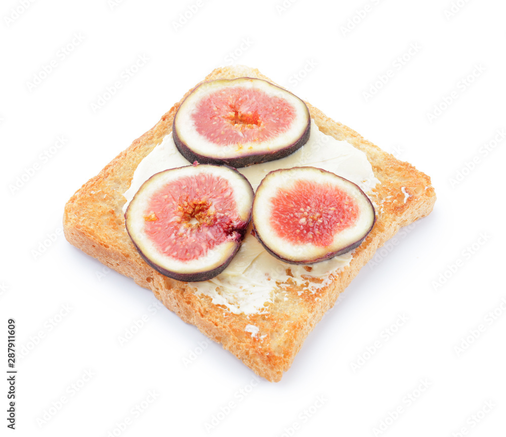 Tasty toasted bread with fig fruit on white background