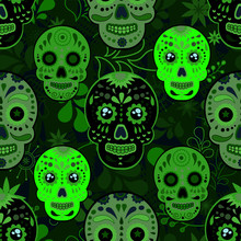 Abstract Seamless Skull Pattern For Girl, Boy, Clothes. Creative Skull Vector Background With Mexican Symbol, Day Of The Dead, Dots, Lines. Funny Wallpaper For Textile And Fabric. Fashion Skull Style.
