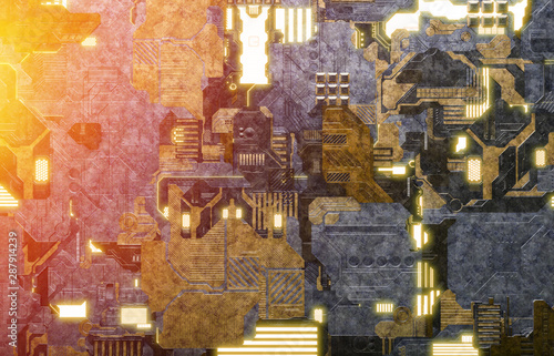 Futuristic yellow and orange tech panel background with lots of details