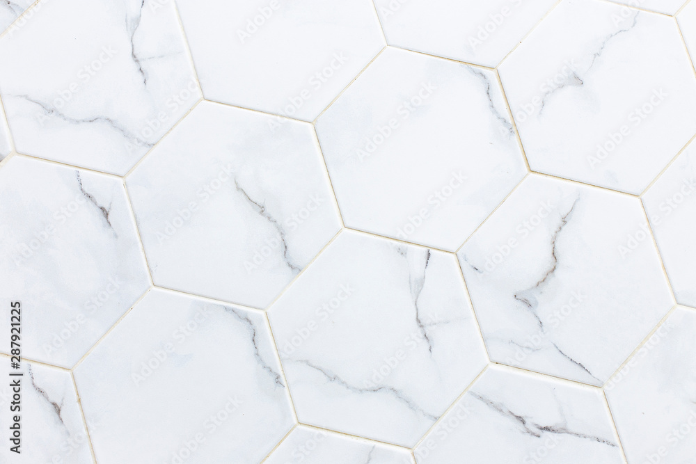 White hexagon marble tile wall for texture background. - obrazy, fototapety, plakaty 