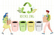 People with waste for recycling. Man and woman holding recyclables. Advertising poster concept. Hand drawn vector design illustrations.
