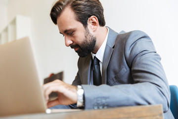 Poster - Concentrated bearded business man sitting in office using laptop computer working indoors.