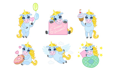 Sticker - Cute Unicorn Cartoon Character Set, Lovely Adorable Animal in Different Situations Vector Illustration