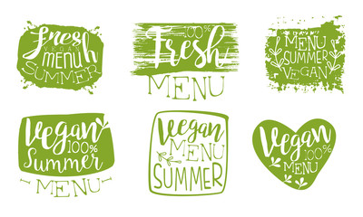 Sticker - Fresh Vegan Summer Menu Green Hand Drawn Badges Set, Vegetarian Food Badges Vector Illustration