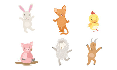 Sticker - Cute Smiling Animals Set, Happy Chicken, Bunny, Cat, Pig, Sheep, Goat Vector Illustration