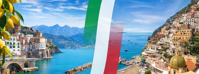 Wall Mural - Panoramic collage with flag of Italy and resort towns Atrani and Positano in Amalfi coast, Campania, Italy.