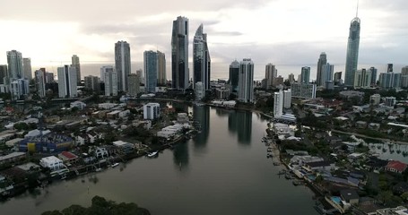 Poster - Canals and islands of Surfers Paradise behind city CBD high-rise towers on Australian Gold Coast in Queensland with distant Pacific ocean.