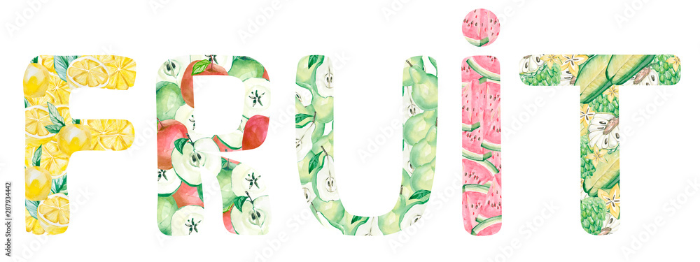 Watercolor hand painted cute alphabet letter text - FRUIT - in bright ...