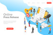 Isometric flat vector landing page template of internet press release, news article service, digital marketing campaign.