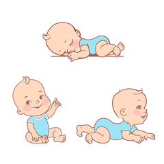 Set with smiling little baby boy in diaper, bodysuit. 