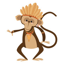 Cartoon Chimpanzee Indian. Vector Illustration Of A Cute Chimpanzee In A Headdress With Feathers. Drawing Animal For Children. Zoo For Kids.