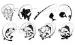 Set of fishing illustrations. Collection of fish hooked. Black white vector illustration for fishing. Tattoo.