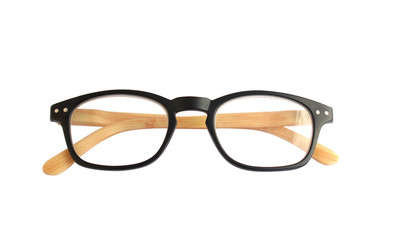 Wall Mural - isolated​ eyeglasses on​ white​ background​ and​ glasses legs is​ wooden​ pattern.