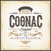 Vintage Cognac Label For Bottle/ Illustration Of A Vintage Design Elegant French Cognac Label, With Crafted Lettering, Specific Product Mentions, Textures And Hand Drawn Patterns